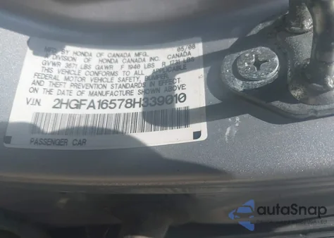 2008 Honda Civic Lx from USA, damaged, VIN 2HGFA16578H339010